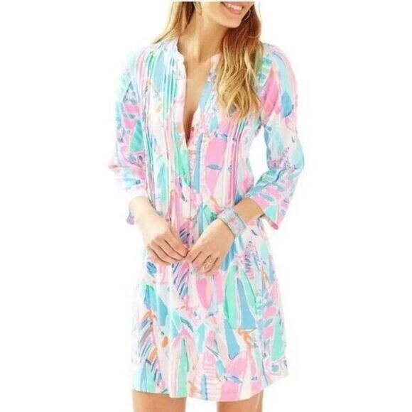 Lilly Pulitzer Sarasota Tunic Dress Women M EUC 3/4Sleeve V-neck Pink Out to Sea - Picture 8 of 14